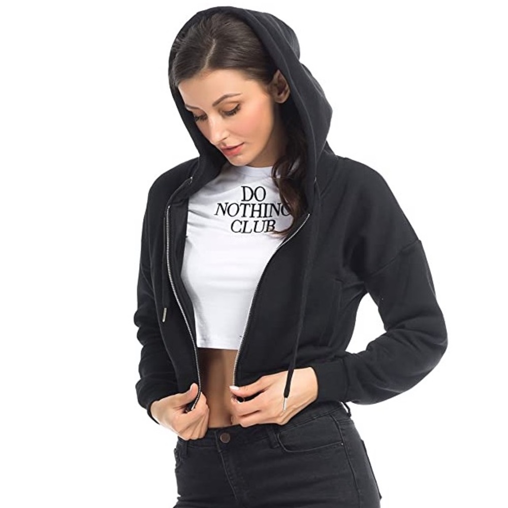 Cropped Black Zip Up Hooded Jacket